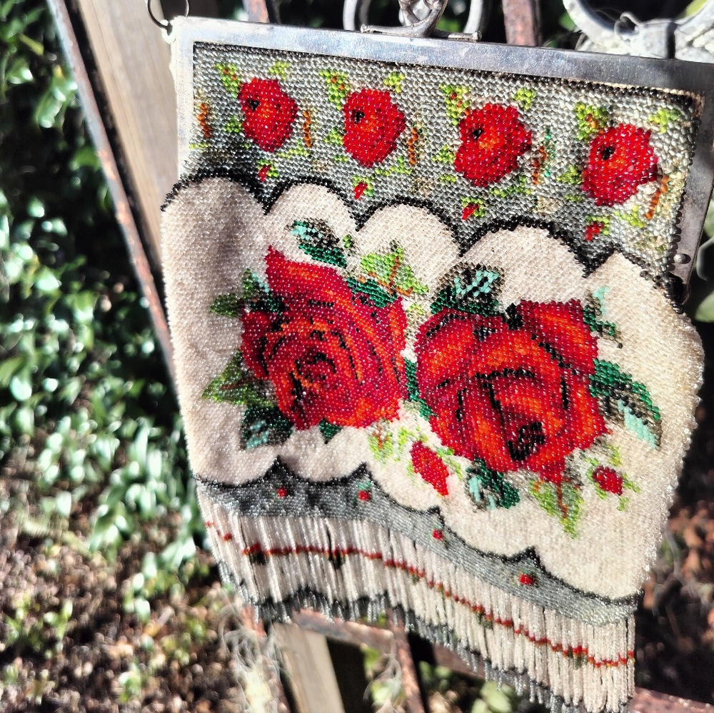 50's vintage Gorgeous hand beaded Red Roses Fringe Bag